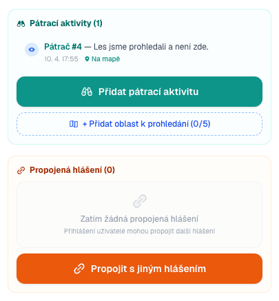 Náhled mapy s pátracími aktivitami — pozorování, prohledané oblasti a stopy