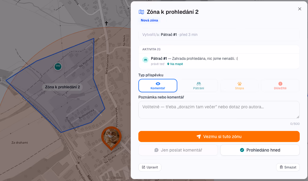 Detail zóny - stav, popis a komentáře pátračů