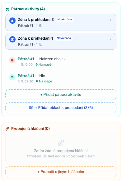 Náhled mapy s pátracími aktivitami — pozorování, prohledané oblasti a stopy