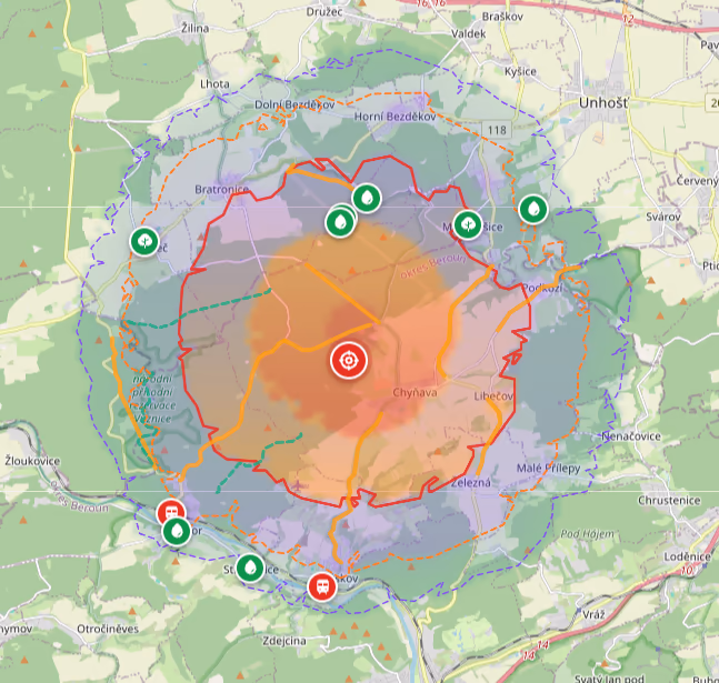 Ukázka pátrací mapy - teplotní mapa pravděpodobnosti, kde se ztracené zvíře nejspíš nachází, s konturami a trasami útěku