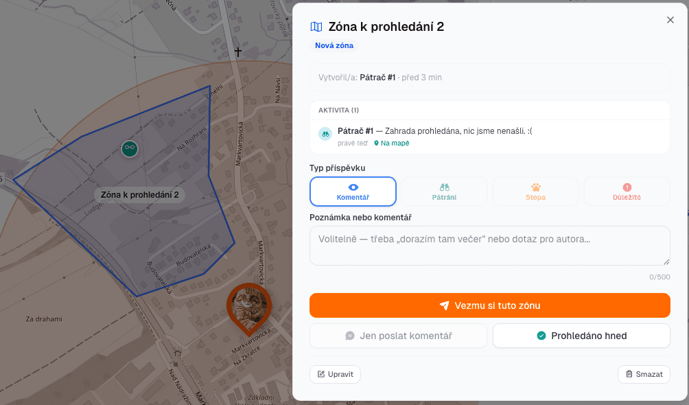 Detail zóny — stav, popis a komentáře pátračů